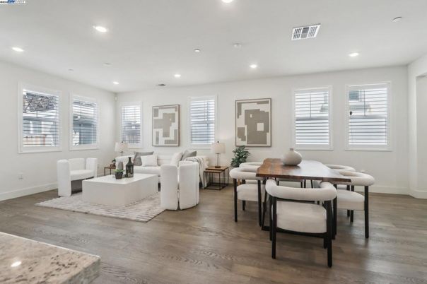 Dining room, Interior, Living room, Recessed Lighting, Wood Texture Flooring