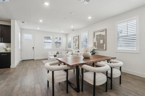 Dining room, Interior, Living room, Recessed Lighting, Wood Texture Flooring