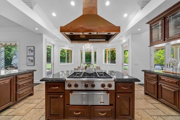 Chandelier, Interior, Kitchen, Pendant Lights, Recessed Lighting, Stainless Steel Appliances, Wooden Beams