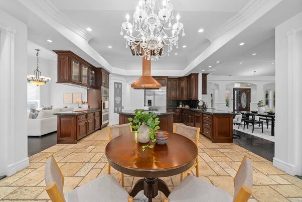 Chandelier, Dining room, Interior, Kitchen, Living room, Recessed Lighting, Stainless Steel Appliances