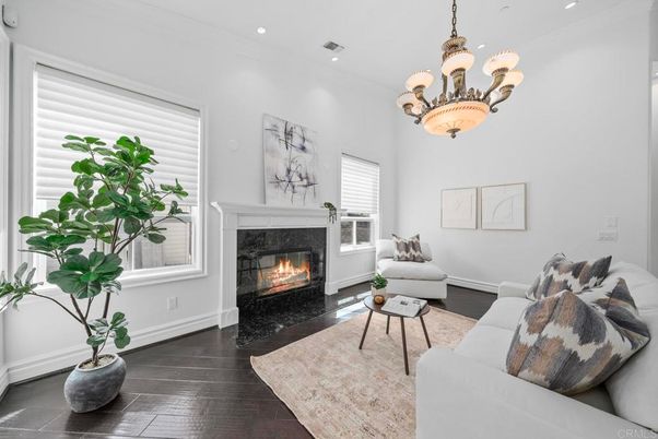Chandelier, Fireplace, Interior, Living room, Recessed Lighting, Wood Texture Flooring