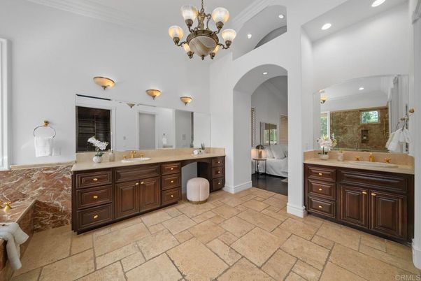 Bathroom, Chandelier, Dual Sink Vanities, Interior, Recessed Lighting
