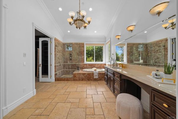 Bathroom, Chandelier, Glass Shower, Interior, Recessed Lighting