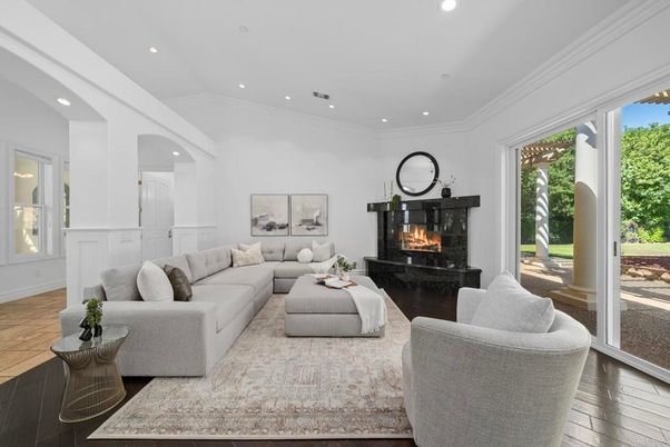 Fireplace, Interior, Living room, Recessed Lighting, Wood Texture Flooring