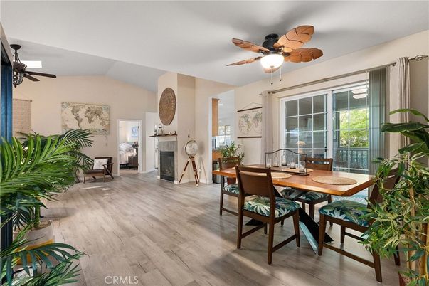 Dining room, Fireplace, Interior, Wood Texture Flooring
