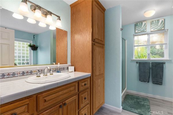 Bathroom, Interior, Tile Countertops, Wood Texture Flooring