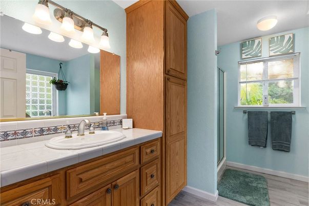 Bathroom, Interior, Tile Countertops, Wood Texture Flooring
