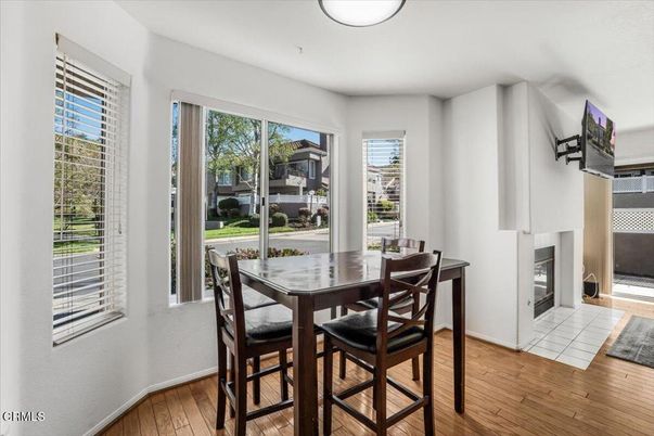 Dining room, Fireplace, Interior, Wood Texture Flooring