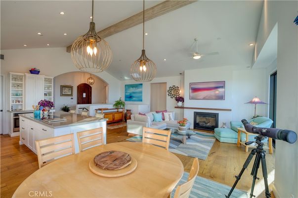 Dining room, Fireplace, Interior, Kitchen, Living room, Pendant Lights, Recessed Lighting, Wooden Beams, Wood Texture Flooring