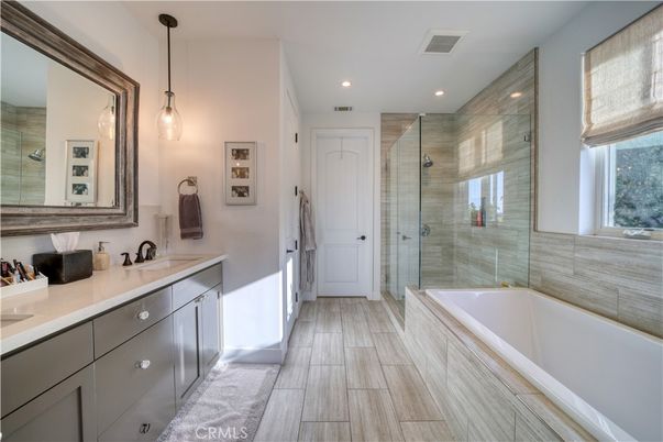 Bathroom, Glass Shower, Interior, Pendant Lights, Recessed Lighting, Wood Texture Flooring