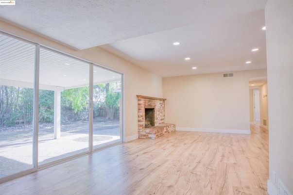 Empty room, Fireplace, Interior, Recessed Lighting, Wood Texture Flooring