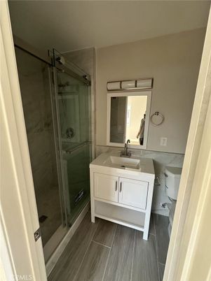 Bathroom, Glass Shower, Interior, Wood Texture Flooring