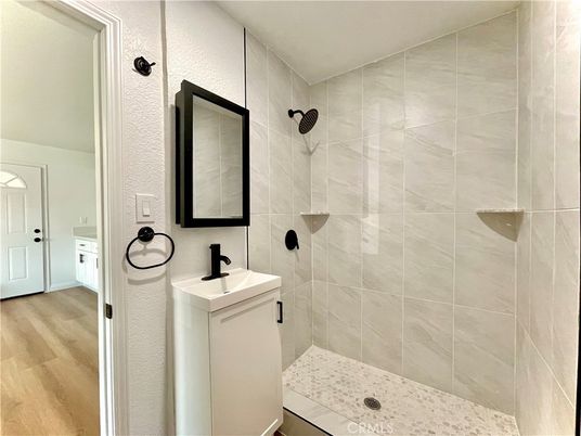 Bathroom, Glass Shower, Interior, Wood Texture Flooring