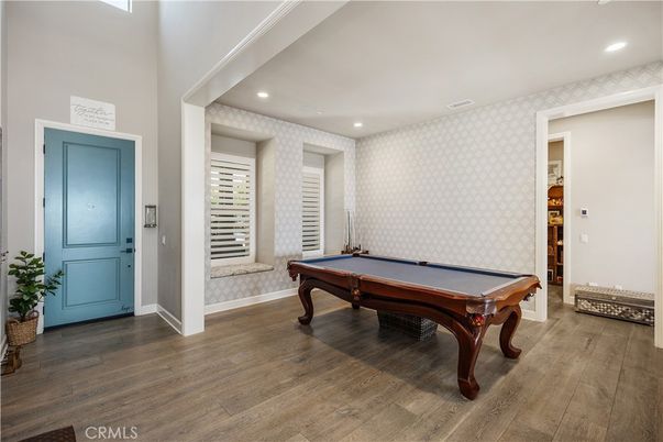 Billiard Table, Game Room, Interior, Recessed Lighting, Wood Texture Flooring