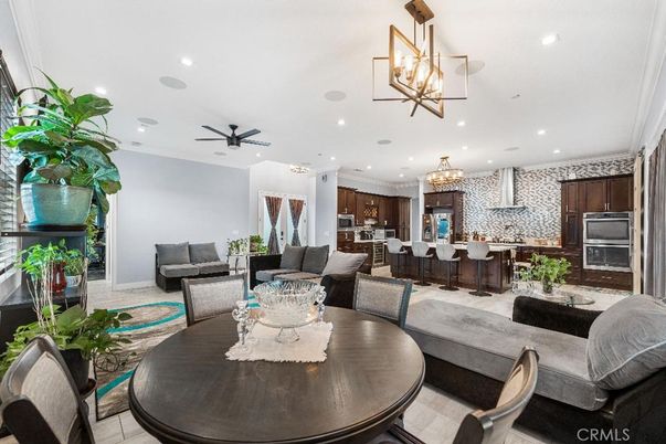 Chandelier, Dining room, Interior, Kitchen, Living room, Pendant Lights, Recessed Lighting, Stainless Steel Appliances