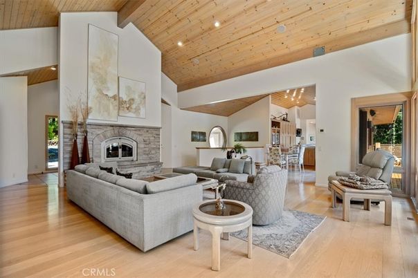 Fireplace, Interior, Kitchen, Living room, Recessed Lighting, Stone Walls, Wooden Beams, Wooden Ceilings, Wood Texture Flooring