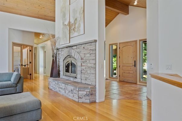 Fireplace, Interior, Pendant Lights, Recessed Lighting, Wooden Beams, Wooden Ceilings, Wood Texture Flooring
