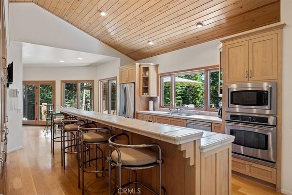 Interior, Kitchen, Recessed Lighting, Stainless Steel Appliances, Tile Countertops, Wooden Ceilings, Wood Texture Flooring