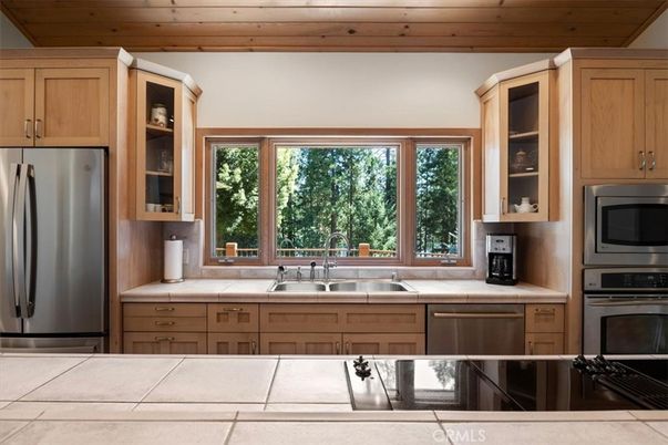 Interior, Kitchen, Stainless Steel Appliances, Tile Countertops, Wooden Ceilings