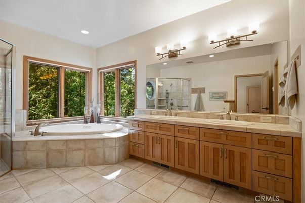 Bathroom, Dual Sink Vanities, Glass Shower, Interior, Recessed Lighting, Tile Countertops