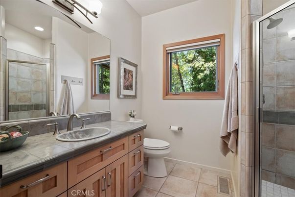 Bathroom, Glass Shower, Interior, Recessed Lighting, Tile Countertops