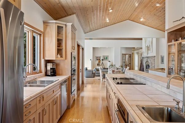 Fireplace, Interior, Kitchen, Living room, Recessed Lighting, Tile Countertops, Wooden Ceilings, Wood Texture Flooring