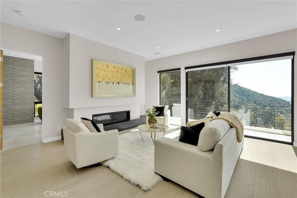 Fireplace, Interior, Living room, Recessed Lighting, Wood Texture Flooring