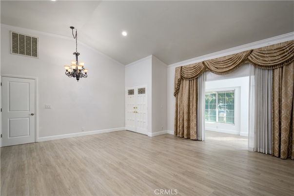 Chandelier, Empty room, Interior, Recessed Lighting, Wood Texture Flooring