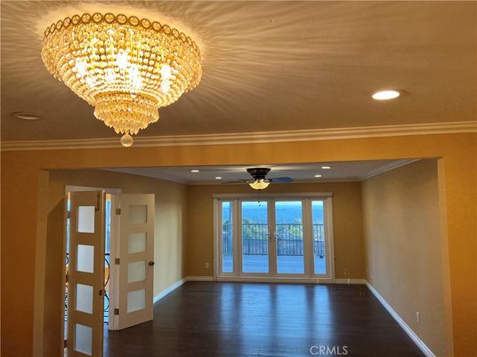 Chandelier, Empty room, Interior, Recessed Lighting, Wood Texture Flooring