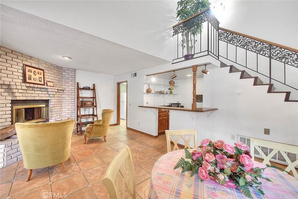 Dining room, Fireplace, Interior, Recessed Lighting, Stone Walls