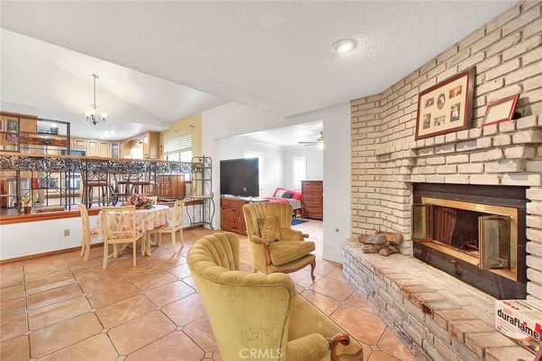 Dining room, Fireplace, Interior, Living room, Pendant Lights, Recessed Lighting, Stone Walls