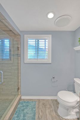 Bathroom, Glass Shower, Interior, Recessed Lighting, Wood Texture Flooring