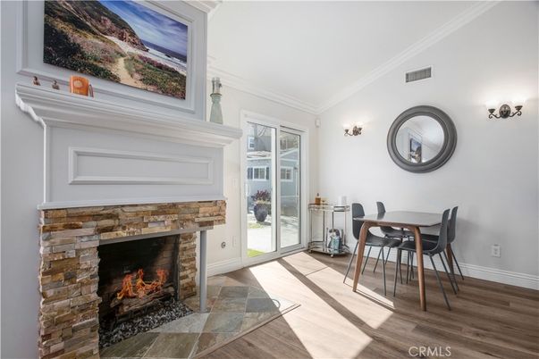 Dining room, Fireplace, Interior, Wood Texture Flooring