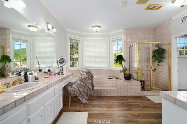 Bathroom, Dual Sink Vanities, Glass Shower, Interior, Tile Countertops, Wood Texture Flooring