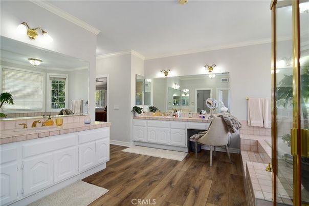 Bathroom, Dual Sink Vanities, Interior, Tile Countertops, Wood Texture Flooring