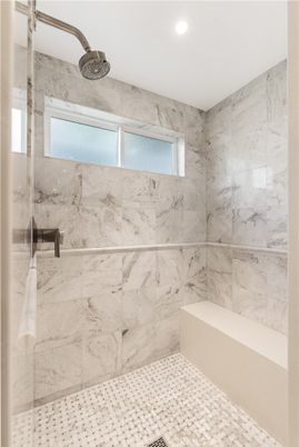 Bathroom, Glass Shower, Interior, Marble Walls, Recessed Lighting