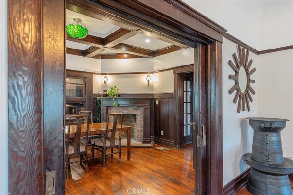 Dining room, Fireplace, Interior, Recessed Lighting, Wooden Beams, Wood Texture Flooring