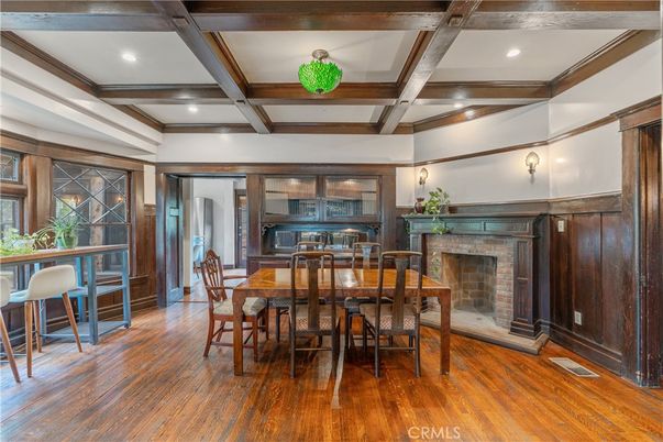 Dining room, Fireplace, Interior, Recessed Lighting, Wooden Beams, Wood Texture Flooring