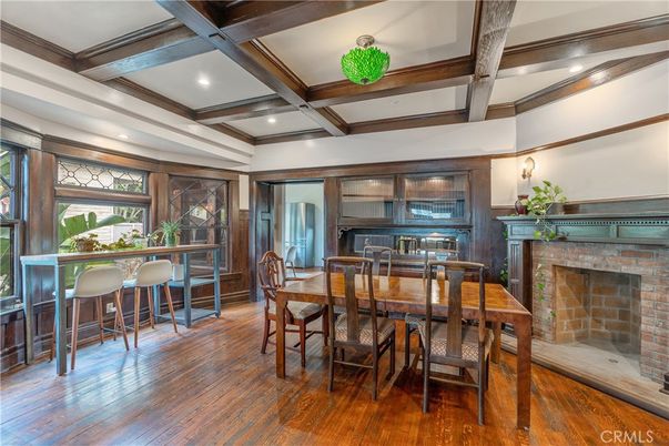 Dining room, Fireplace, Interior, Recessed Lighting, Wooden Beams, Wood Texture Flooring
