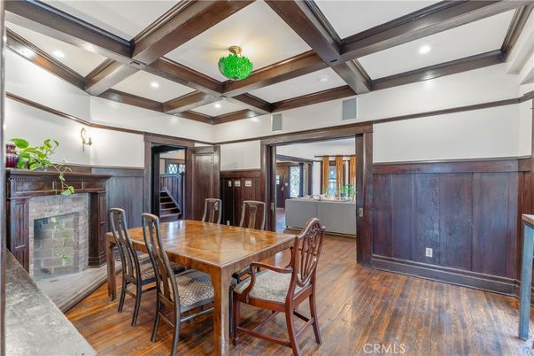 Dining room, Fireplace, Interior, Recessed Lighting, Wooden Beams, Wood Texture Flooring