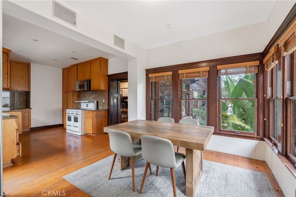 Dining room, Interior, Kitchen, Recessed Lighting, Stainless Steel Appliances, Wood Texture Flooring