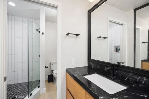 Bathroom, Glass Shower, Interior, Recessed Lighting, Wood Texture Flooring