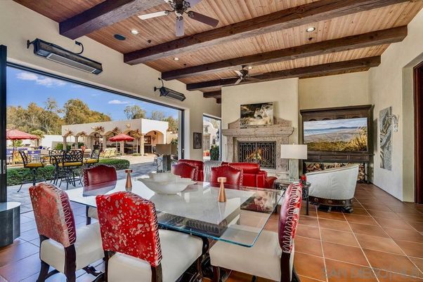 Dining room, Fireplace, Interior, Living room, Recessed Lighting, Wooden Beams, Wooden Ceilings