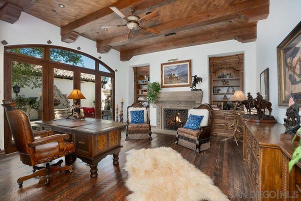 Fireplace, Home Office, Interior, Recessed Lighting, Wooden Beams, Wooden Ceilings, Wood Texture Flooring