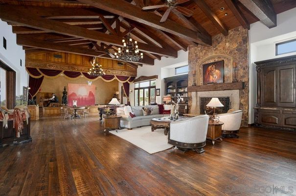 Chandelier, Dining room, Fireplace, Interior, Living room, Wooden Beams, Wooden Ceilings, Wood Texture Flooring