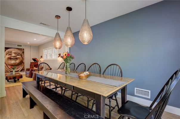 Dining room, Interior, Pendant Lights, Recessed Lighting, Wood Texture Flooring