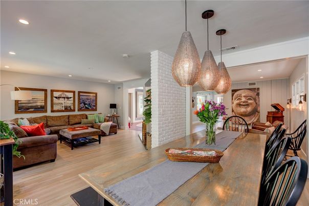 Dining room, Interior, Living room, Pendant Lights, Recessed Lighting, Wood Texture Flooring
