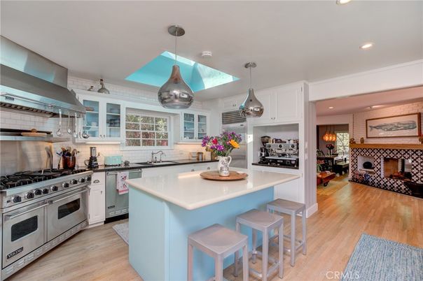 Fireplace, Interior, Kitchen, Pendant Lights, Recessed Lighting, Stainless Steel Appliances, Wood Texture Flooring