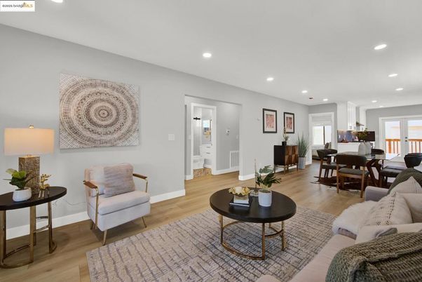 Dining room, Interior, Living room, Recessed Lighting, Wood Texture Flooring