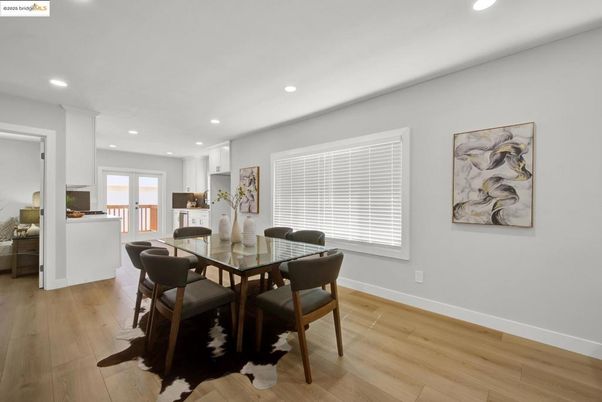 Dining room, Interior, Recessed Lighting, Wood Texture Flooring